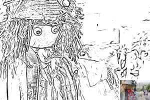 Preview of scarecrow colouring sheet with thumbnail of original picture